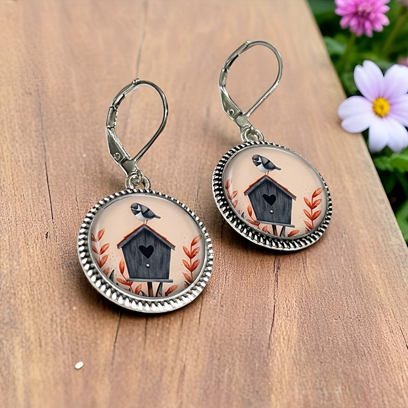 Vintage Round Glass Birdhouse Earrings, Charming Gift